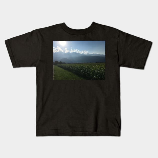 Mountains bathed in sunlight and mist Kids T-Shirt by Dturner29